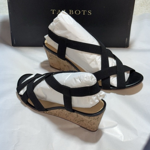 Talbots Black Royce Elastic straps sling back wedge cork heels sandals Sz 9M new - Picture 5 of 7